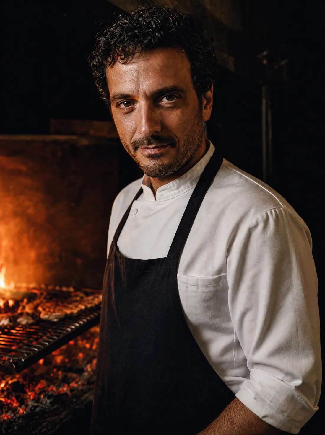 Lo chef Pietro Maran davanti alla griglia a legna