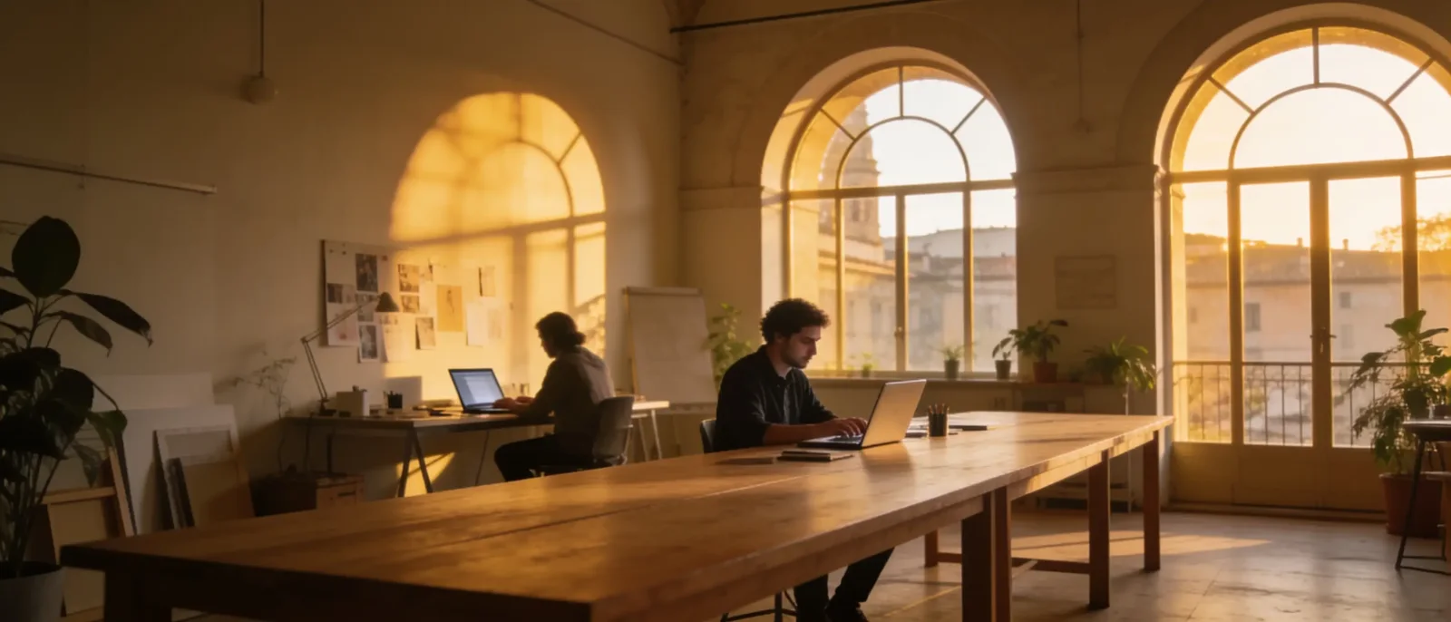 Uno studio luminoso con grandi finestre ad arco, due persone al lavoro