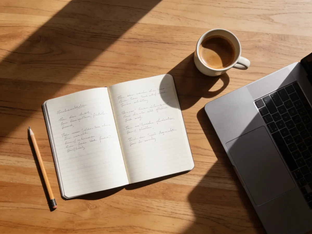 Scrivania dall'alto: taccuino con appunti, portatile e caffe'